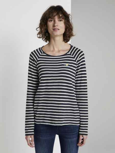 TOM TAILOR Damen Langarmshirt Longsleeve T-Shirt stripe slub crew neck