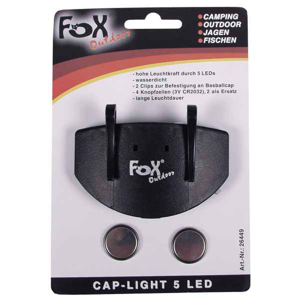 FoxOutdoor Cap-Light mit 5 LED incl. 2 Ersatz Knopfzellen