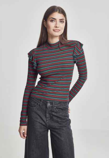 Urban Classics Damen Sweatshirt Longshirt Rib Striped Volant Turtleneck L/S