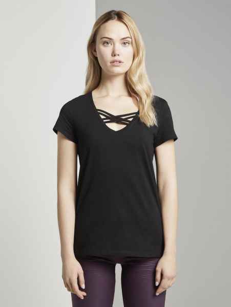 TOM TAILOR DENIM Damen T Shirt organic v-neck tee with straps T-Shirt 1/2